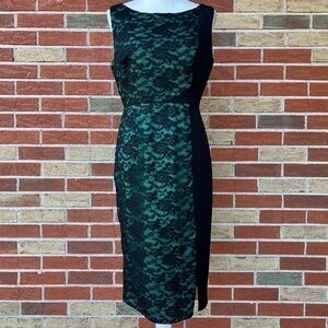 Black Halo Asymmetrical Lace Overlay Split Front Green Sleeveless Dress 👗